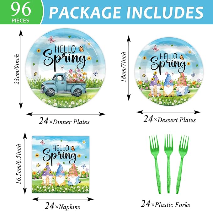 96pcs Spring Party Plates and Napkins Hello Spring Party Decorations