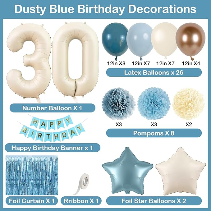 Dusty Blue 30th Birthday Party Decorations for Her Him Beige Cream