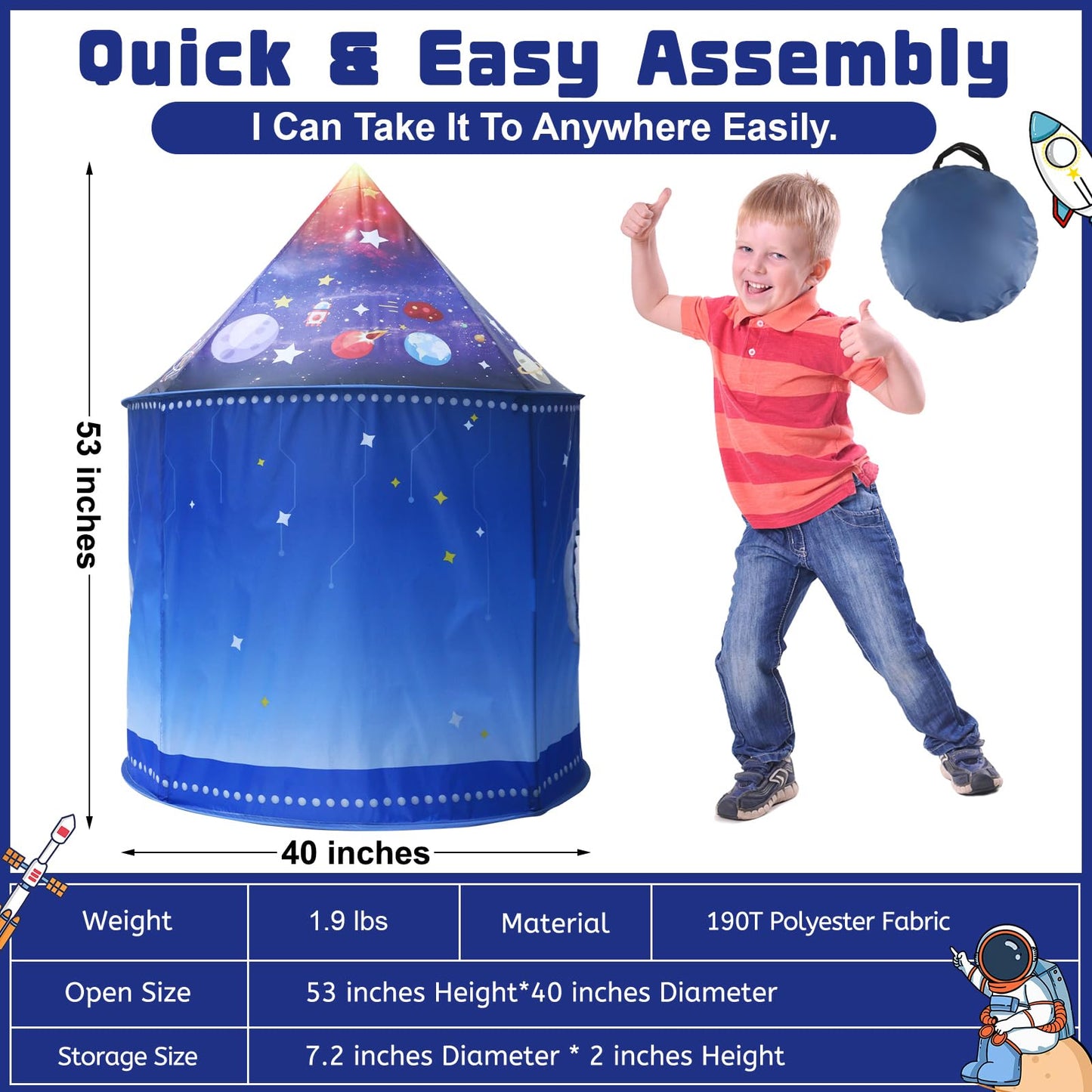 Kaivee Rocket Ship Space Pop Up Play Tent for Kids-Astronaut Pretend