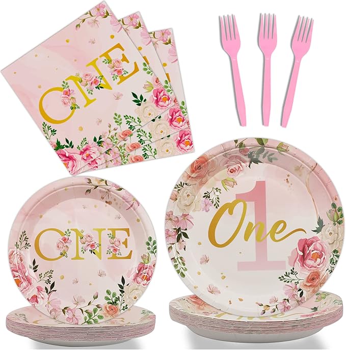 96Pcs 1st Birthday Party Supplies Girls' One Year Tableware with