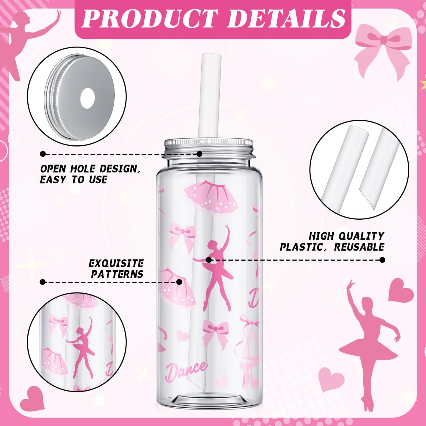Domensi 24 Pack 14.2 oz Ballet Plastic Cups with Lid and Straw Clear