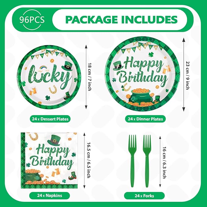 96Pcs St Patrick's Day Party Supplies Green Shamrock Plates and