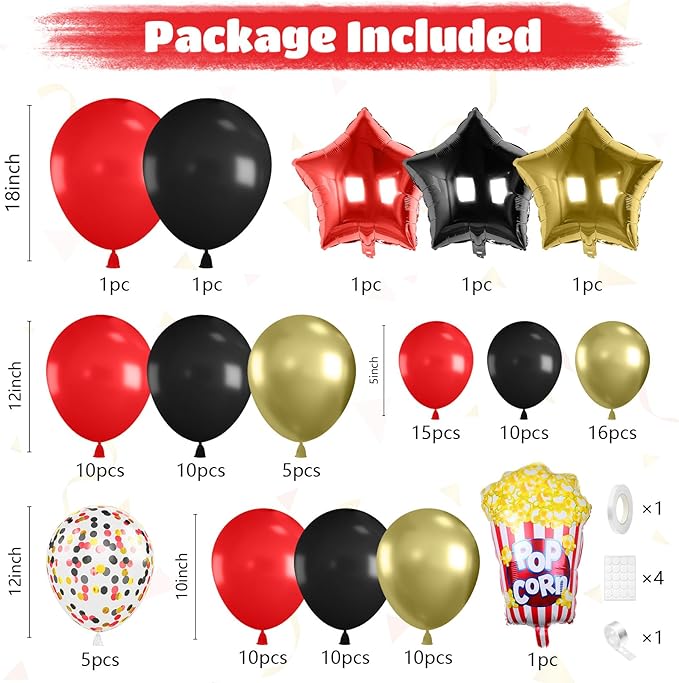 Movie Night Balloon Garland Arch Kit Red Black Metallic Gold