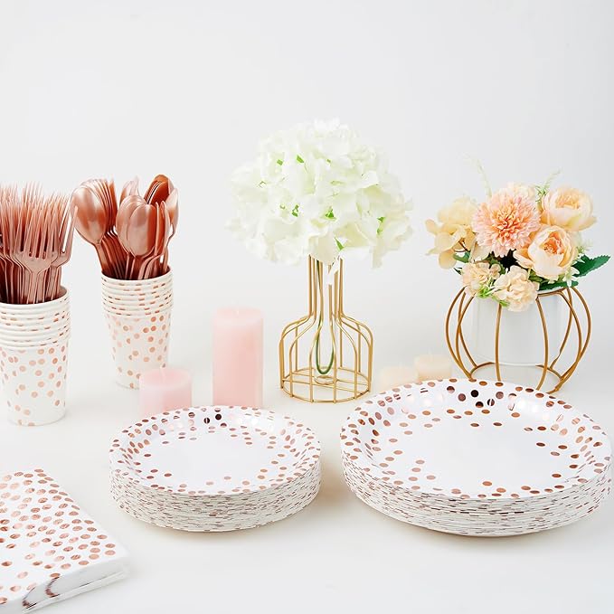 White and Rose Gold Party Supplies - 350 PCS Disposable Dinnerware