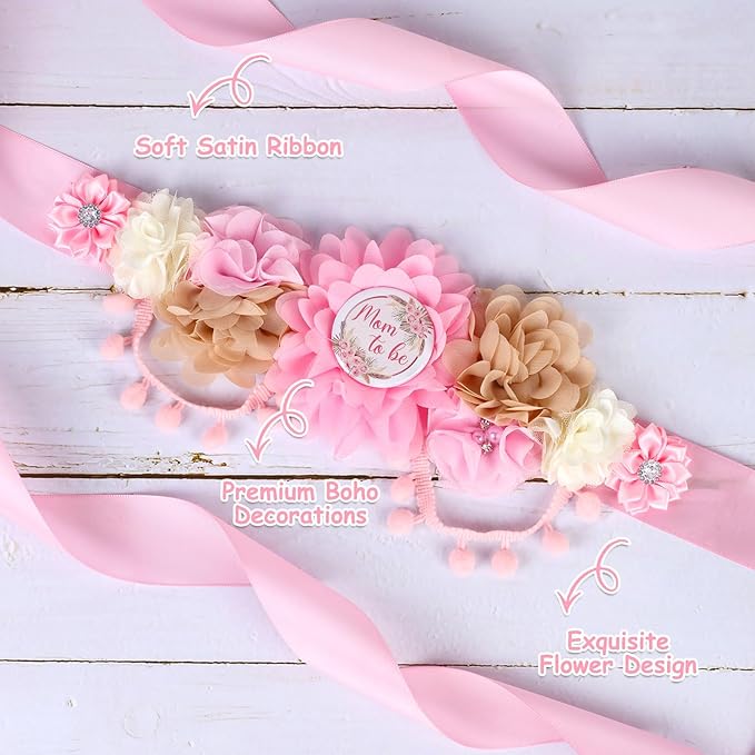 Boho Baby Shower Maternity Sash Kit - Pink Neutral Baby Shower Belly