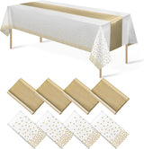 8Pack Disposable Plastic Tablecloths and Satin Table Runner Set White