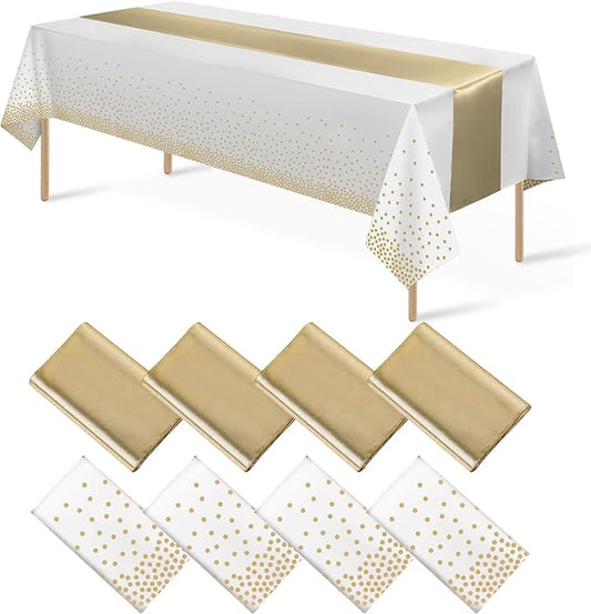 8Pack Disposable Plastic Tablecloths and Satin Table Runner Set White