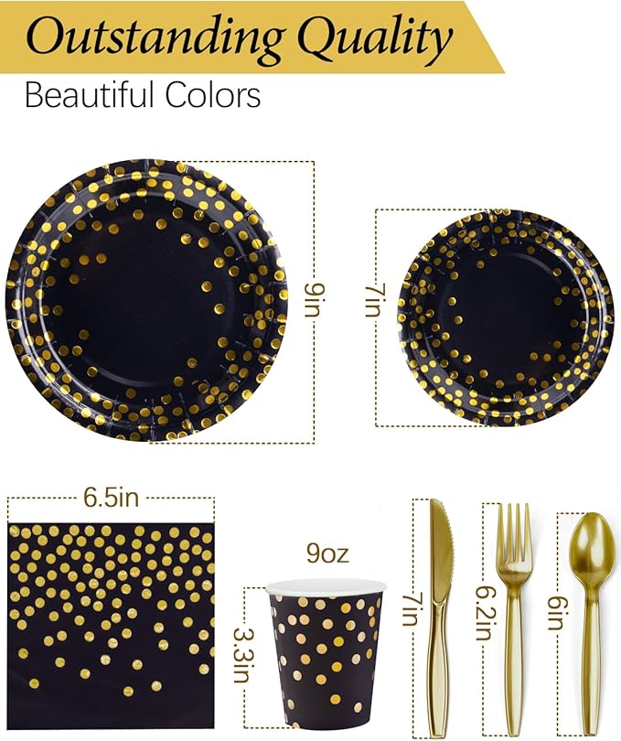 224 Pieces Party Supplies, Black and Gold Party Plates Cups and