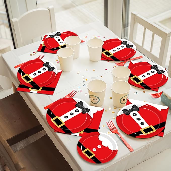 96 Pcs Santa Christmas Paper Plates Santa Claus Suit Disposable