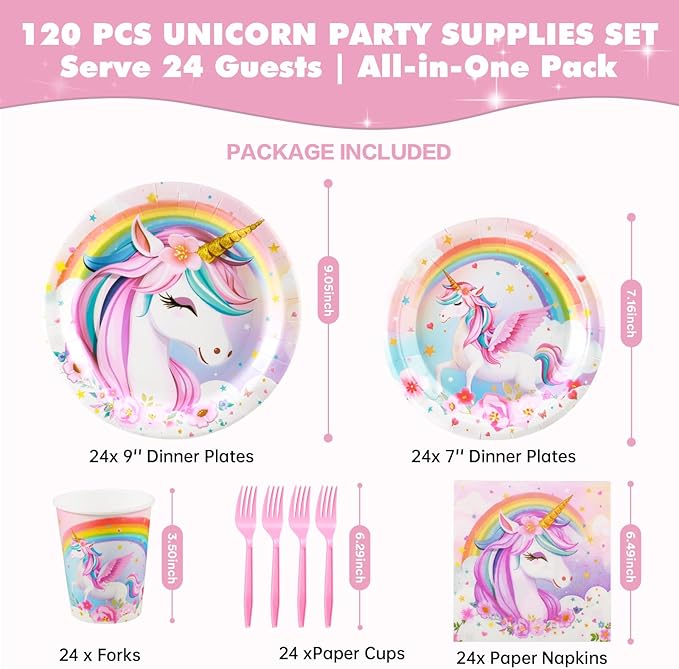 Unicorn Birthday Party Supplies Set Disposable Tableware for 24