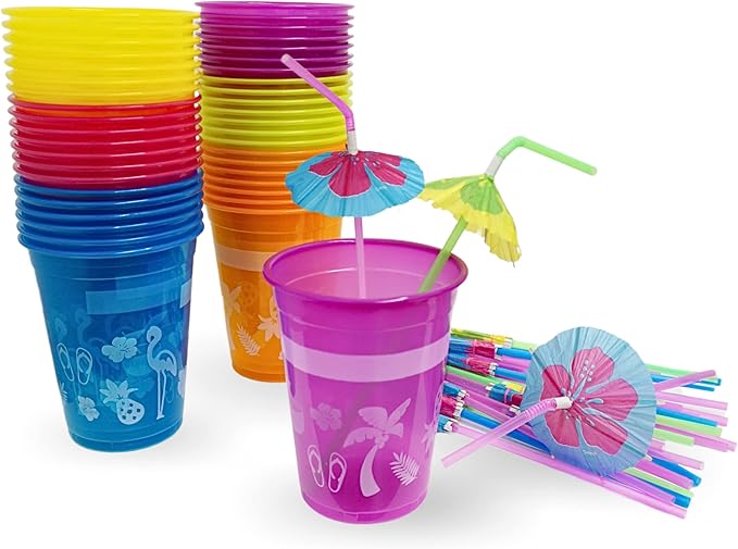 4E's Novelty 48 Packs Tropical Party Cups with Parasol Straws
