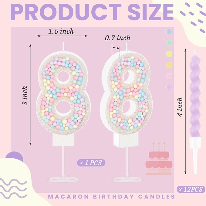MTLEE Number 8 Birthday Candle with 12 Pcs Spiral Candles for Girls