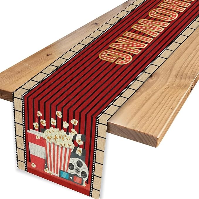 Movie Night Table Runner, Vintage Film Popcorn Tape Now Showing Movie
