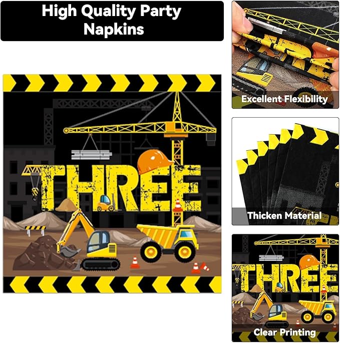 100 Pcs Construction Plates and Napkins Set 3rd Birthday Party
