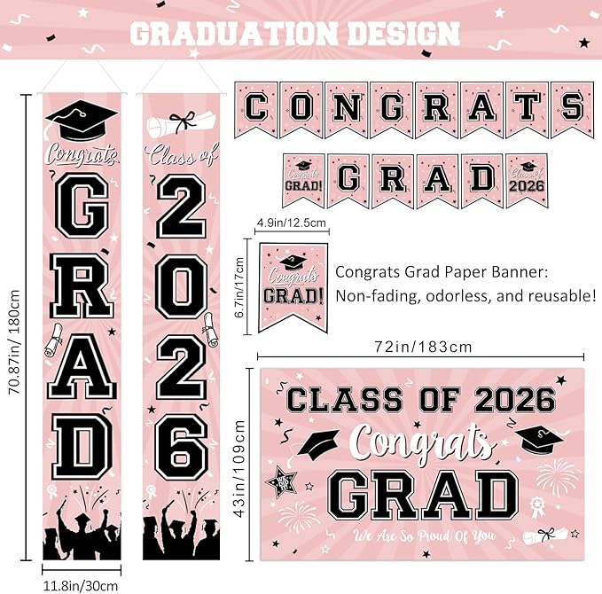 Pink Graduation Decorations 2026 Congrats Grad Banner & Backdrop