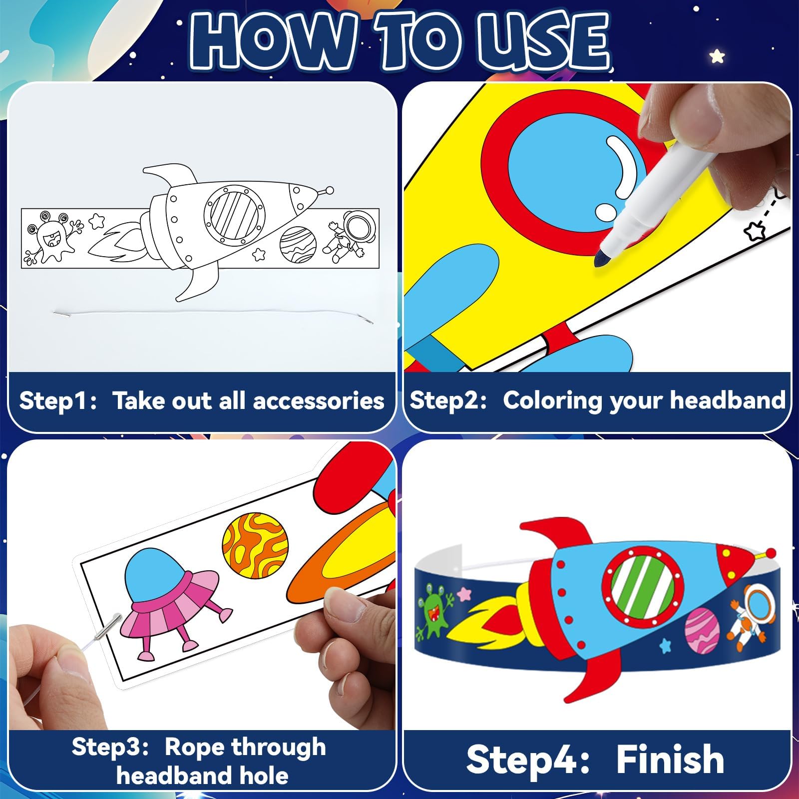 24 Sets Space Paper Headbands Craft Kits for Color Your Own