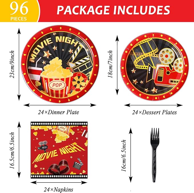 96 Pcs Movie Night Party Supplies Paper Plates Napkins Movie Party