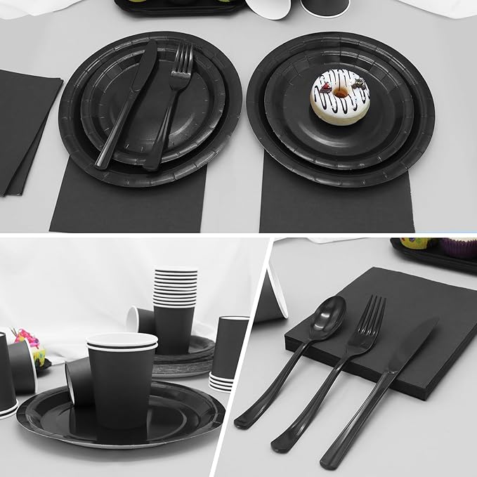 168pcs Black Paper Plates and Napkins for Halloween Birthday