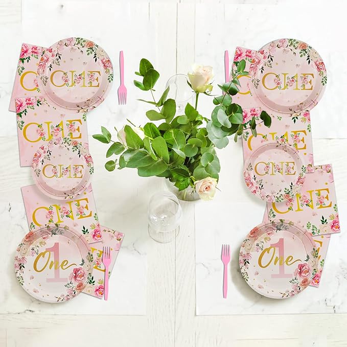 96Pcs 1st Birthday Party Supplies Girls' One Year Tableware with