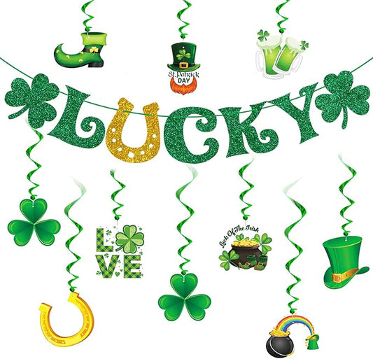St Patrick's Day Decorations Kit with Banner 10 Hanging Swirls NO
