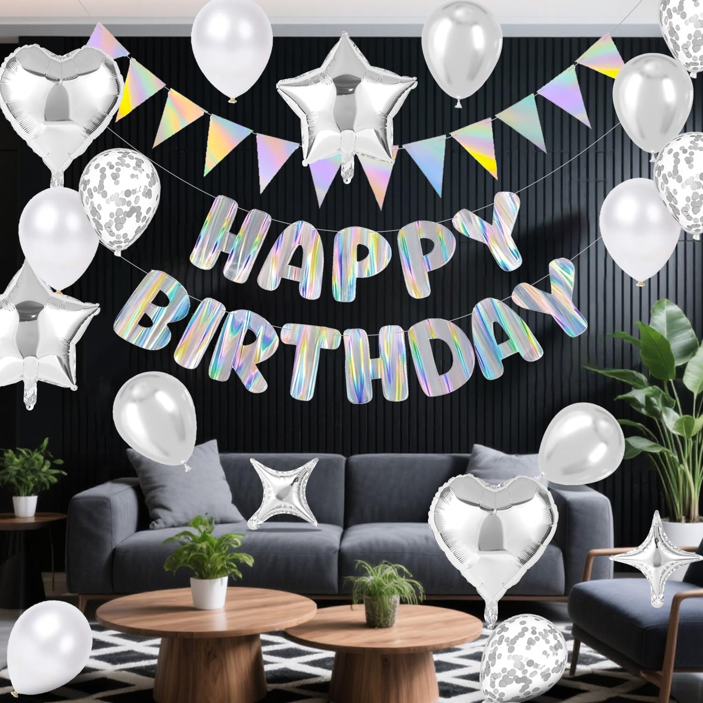 Silver Happy Birthday Decorations kit, Iridescent Happy Birthday