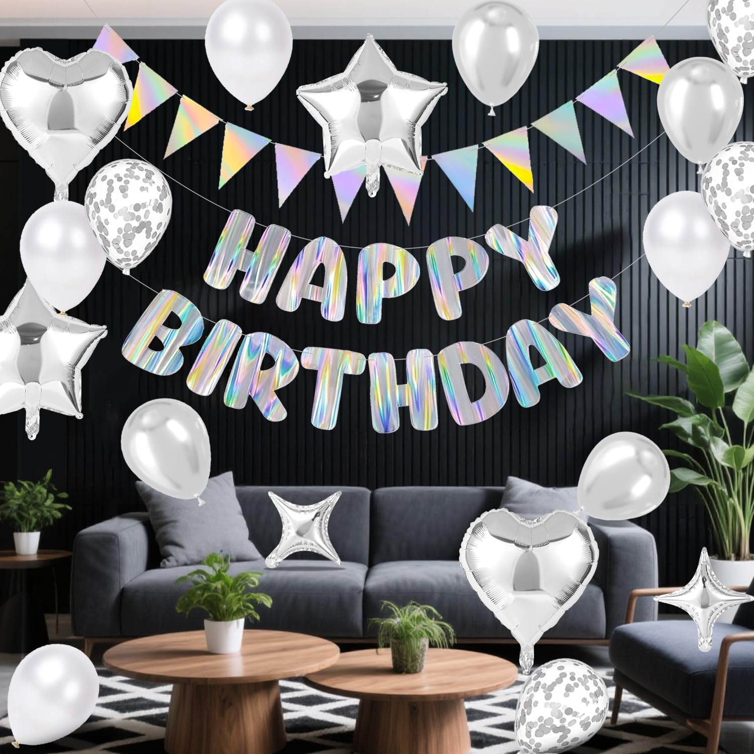 Silver Happy Birthday Decorations kit, Iridescent Happy Birthday