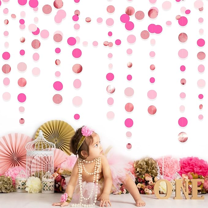 Hot Pink Rose Gold Party Decorations Circle Dots Garland Hanging