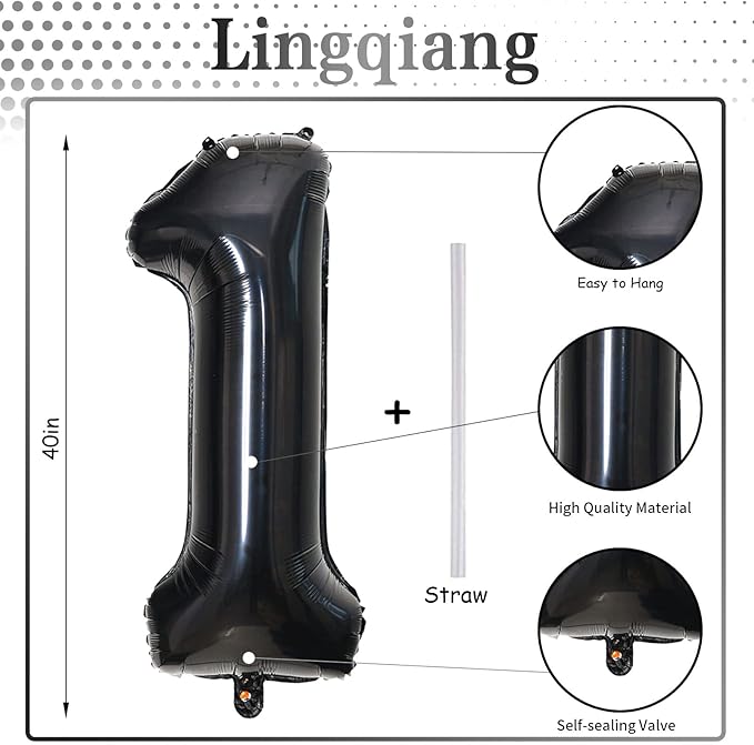 40 Inch Black Foil Balloon Number 1, Giant Self Inflating Number