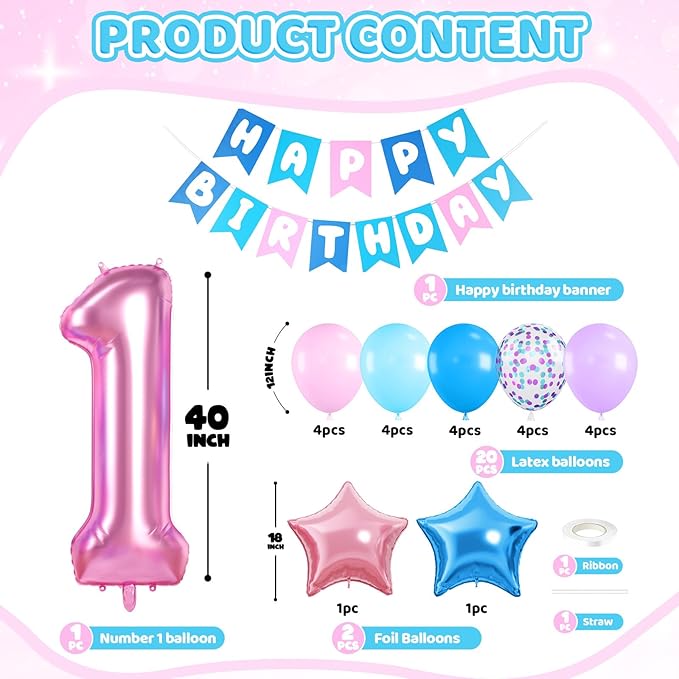 1st Birthday Decorations, 40 Inch Pink Number 1 Balloon, 18 Inch Foil