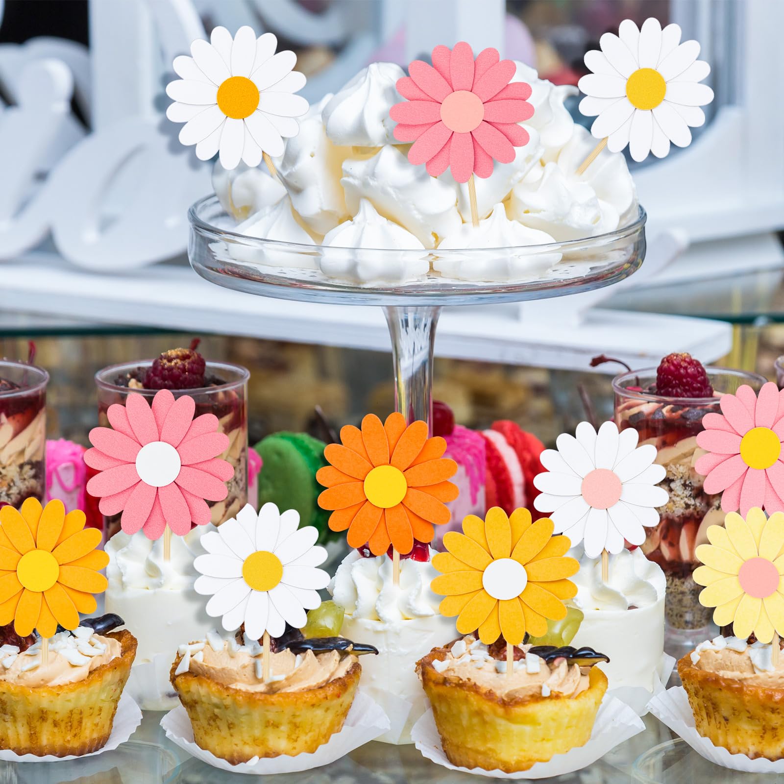 Henoyso 48 Pcs Daisy Cupcake Toppers Groovy Spring Flower Cake Topper
