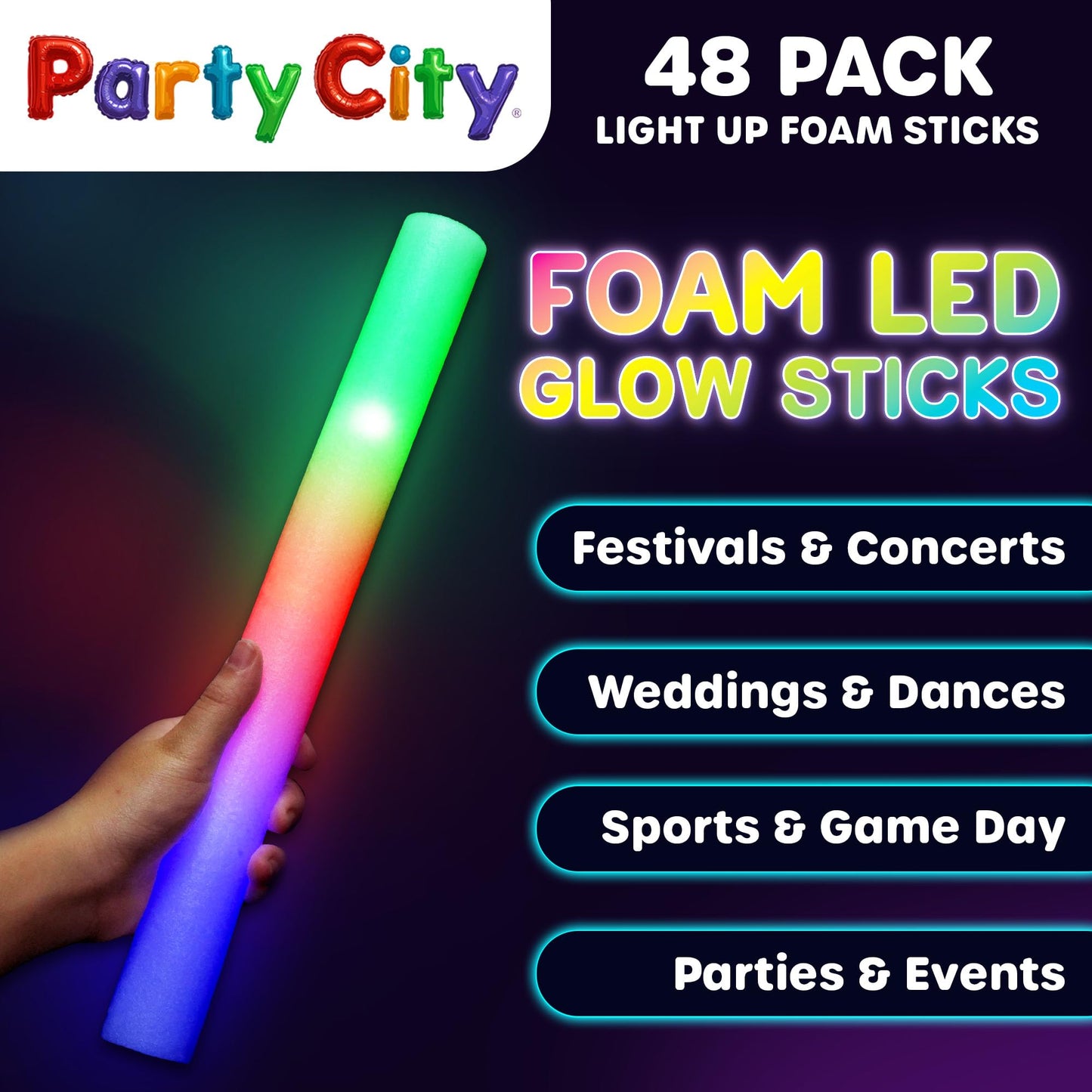 Party City 48pk LED Foam Glow Sticks 14”- Glow in the Dark Party
