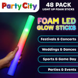 Party City 48pk LED Foam Glow Sticks 14”- Glow in the Dark Party