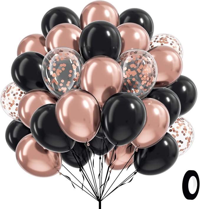 60pcs Rose Gold and Black Balloons 12inch with Rose Gold Confetti
