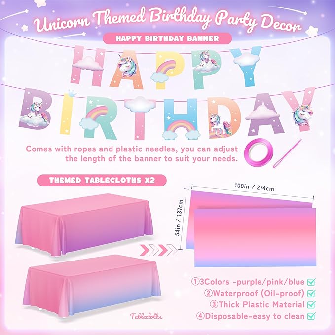 171Pcs Unicorn Birthday Party Decorations with Unicorn Rainbow
