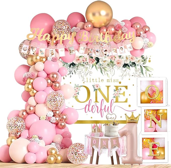 Baby Girl 1st Birthday Decorations Supplies Balloon Boxes Pink Gold