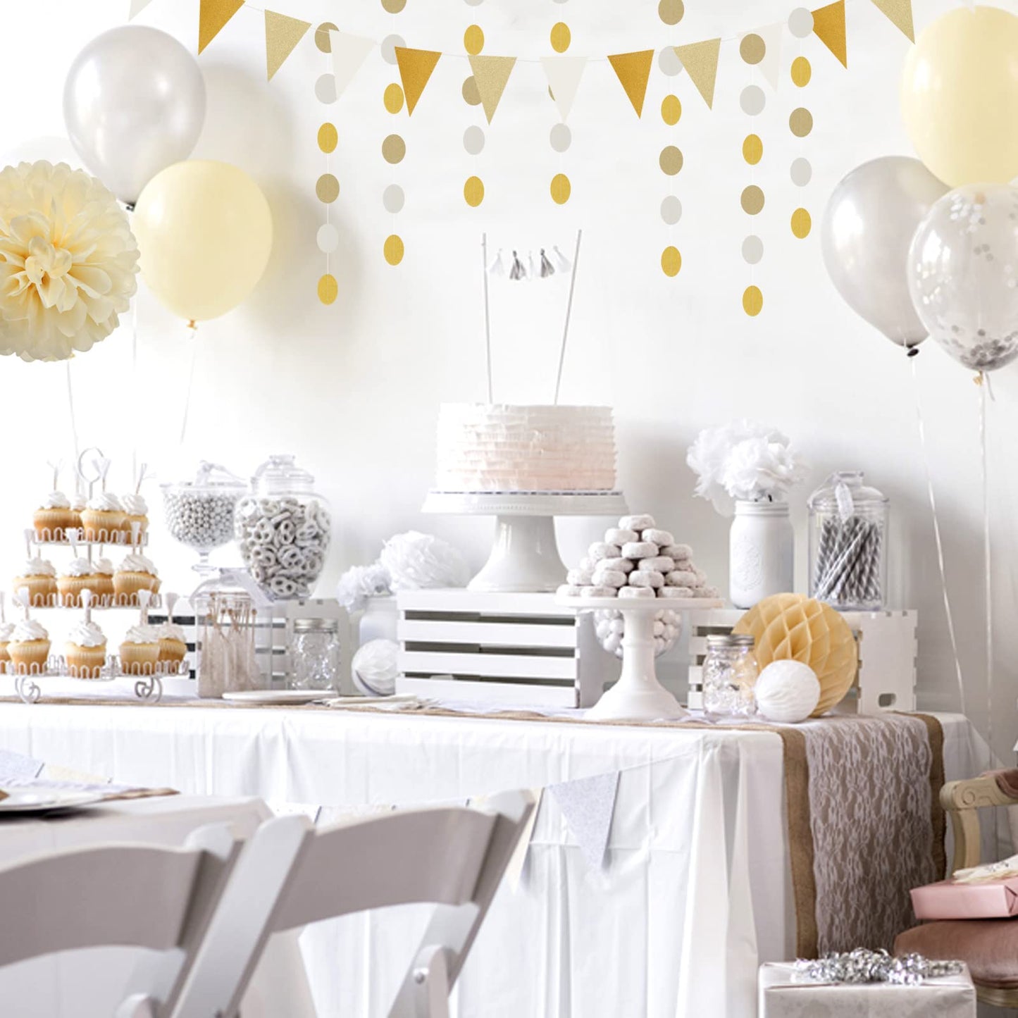 White Gold Champagne Party Decorations - 23pcs Tissue Pom Poms