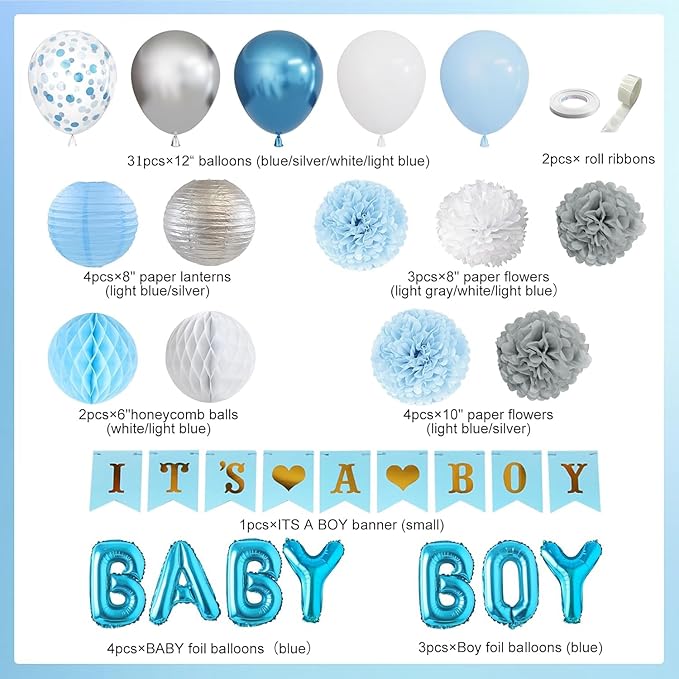 Ouddy Party Blue Baby Shower Decorations with Its a Boy Banner Baby
