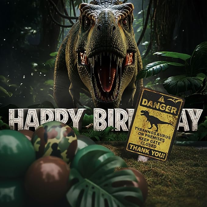 Dinosaur Birthday Decorations with Hunter Green Brown balloon arch &