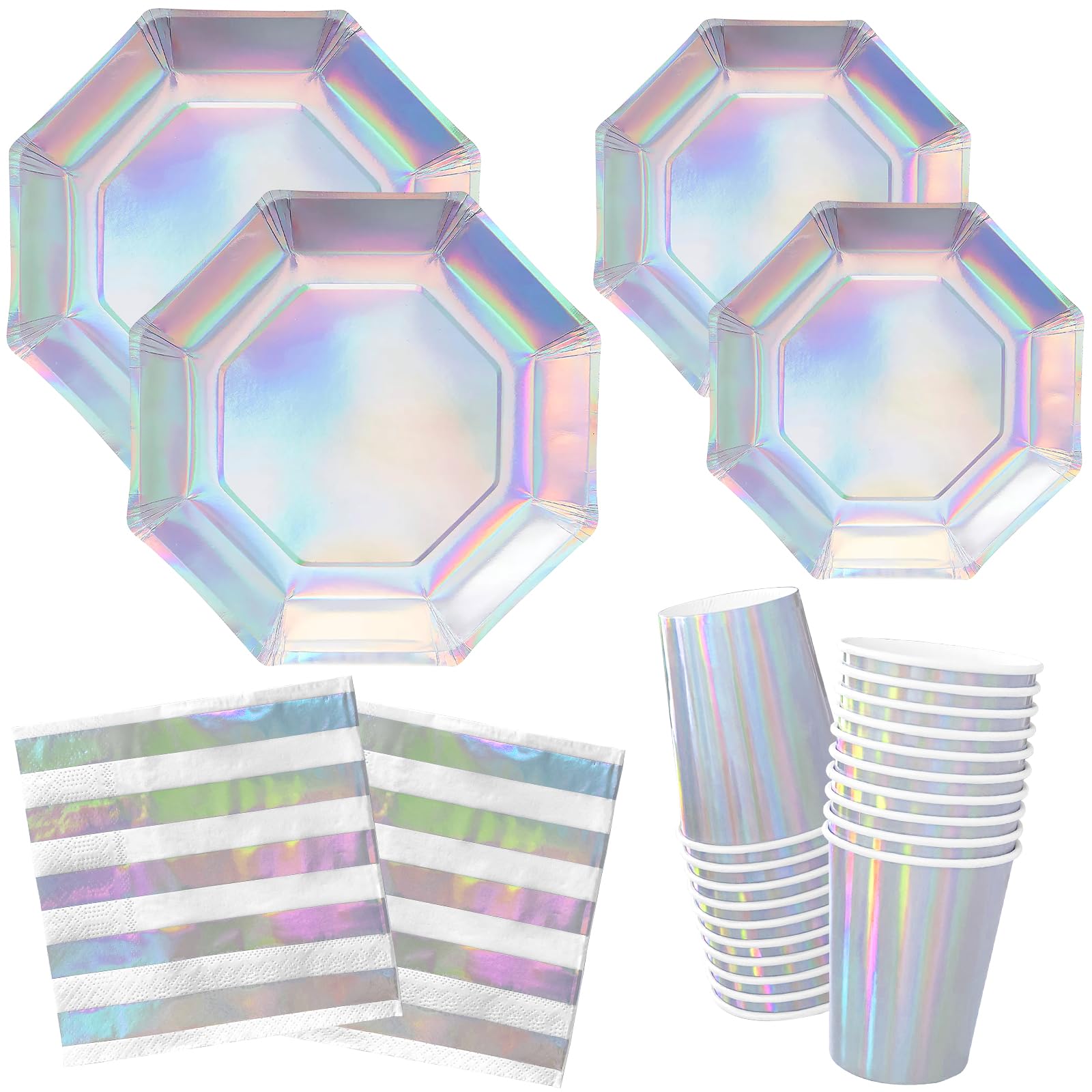 Iridescent Party Supplies - Disposable Paper Plates, Cups and Napkins
