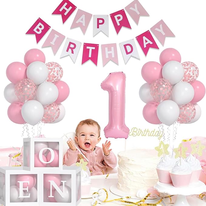 Baby Girl First Birthday Decorations Pastel Pink White Balloons 40