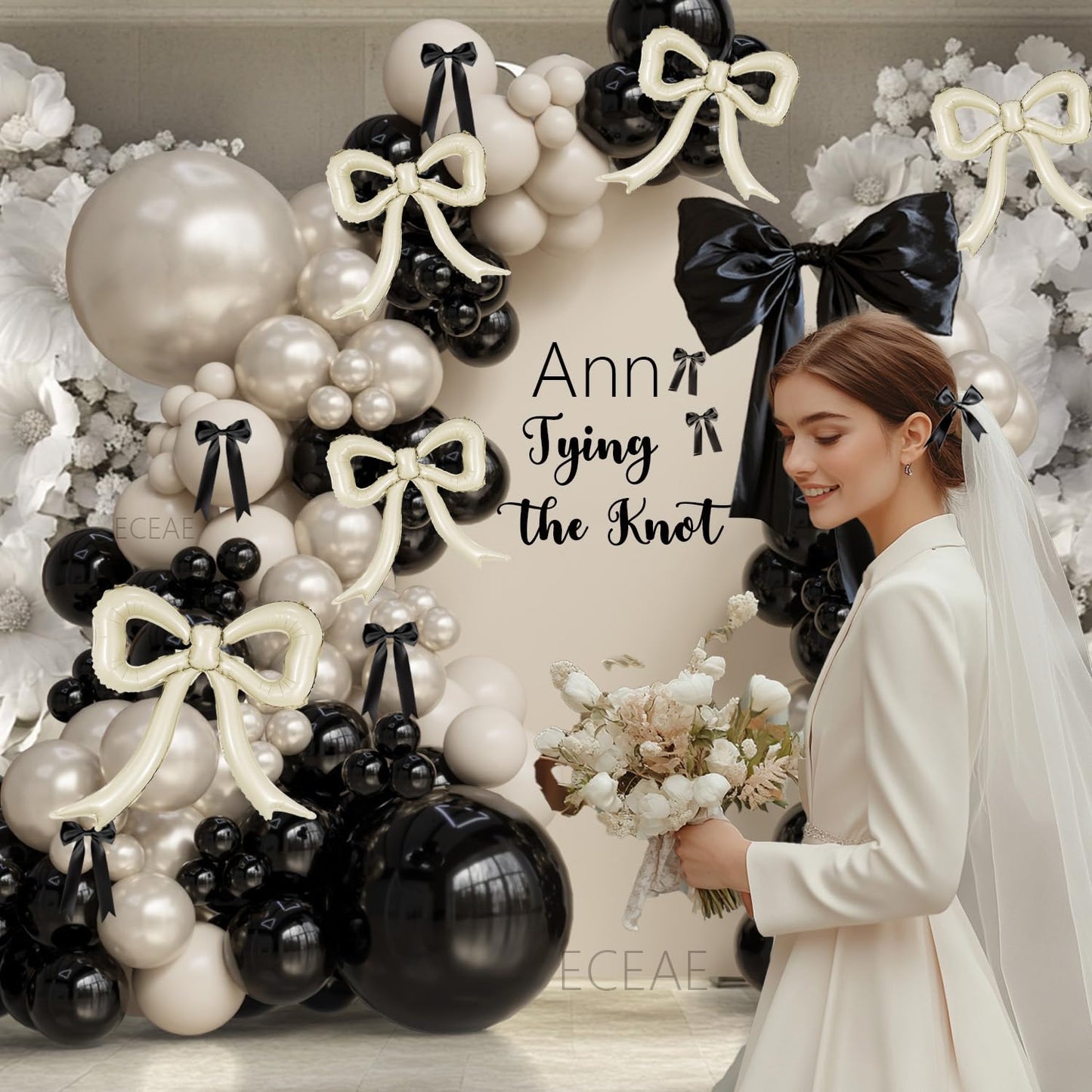 6pcs Cream White Bow Foil Balloons Mylar Bow Balloons for Coquette