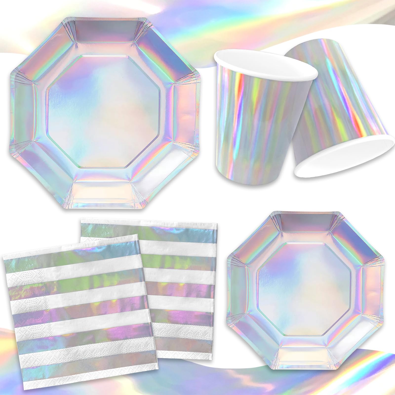 Iridescent Party Supplies - Disposable Paper Plates, Cups and Napkins