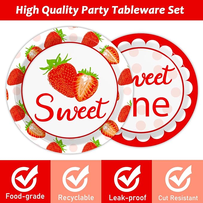 96 Pcs Strawberry Party Supplies Paper Plates Napkins 1st Birthday