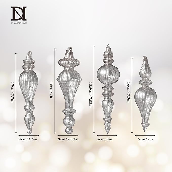 DN DECONATION Mercury Glass Finial Christmas Ornaments, Large Hanging