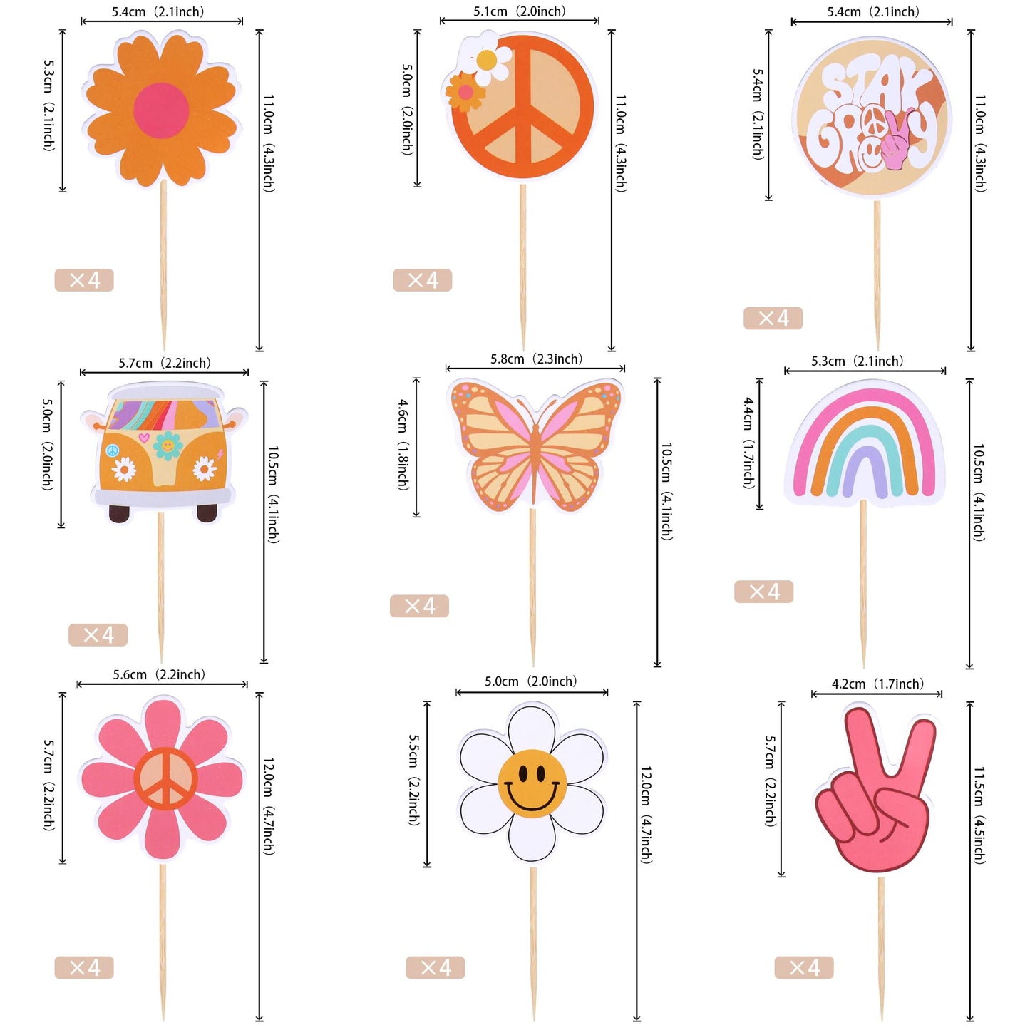 Rsstarxi 36 Pack Groovy Cupcake Toppers Hippie Party Cake Decorations