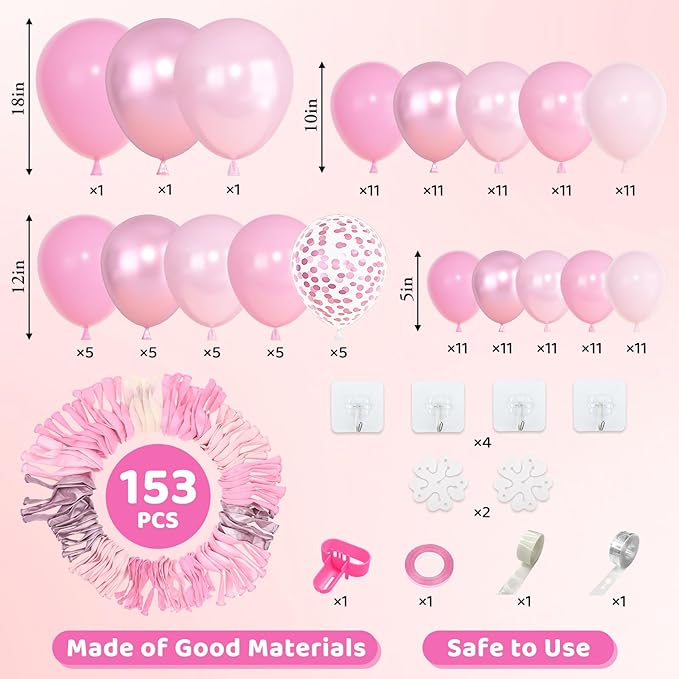 Amandir 153pcs Pink Balloon Garland Arch Kit, Different Sizes 18 12