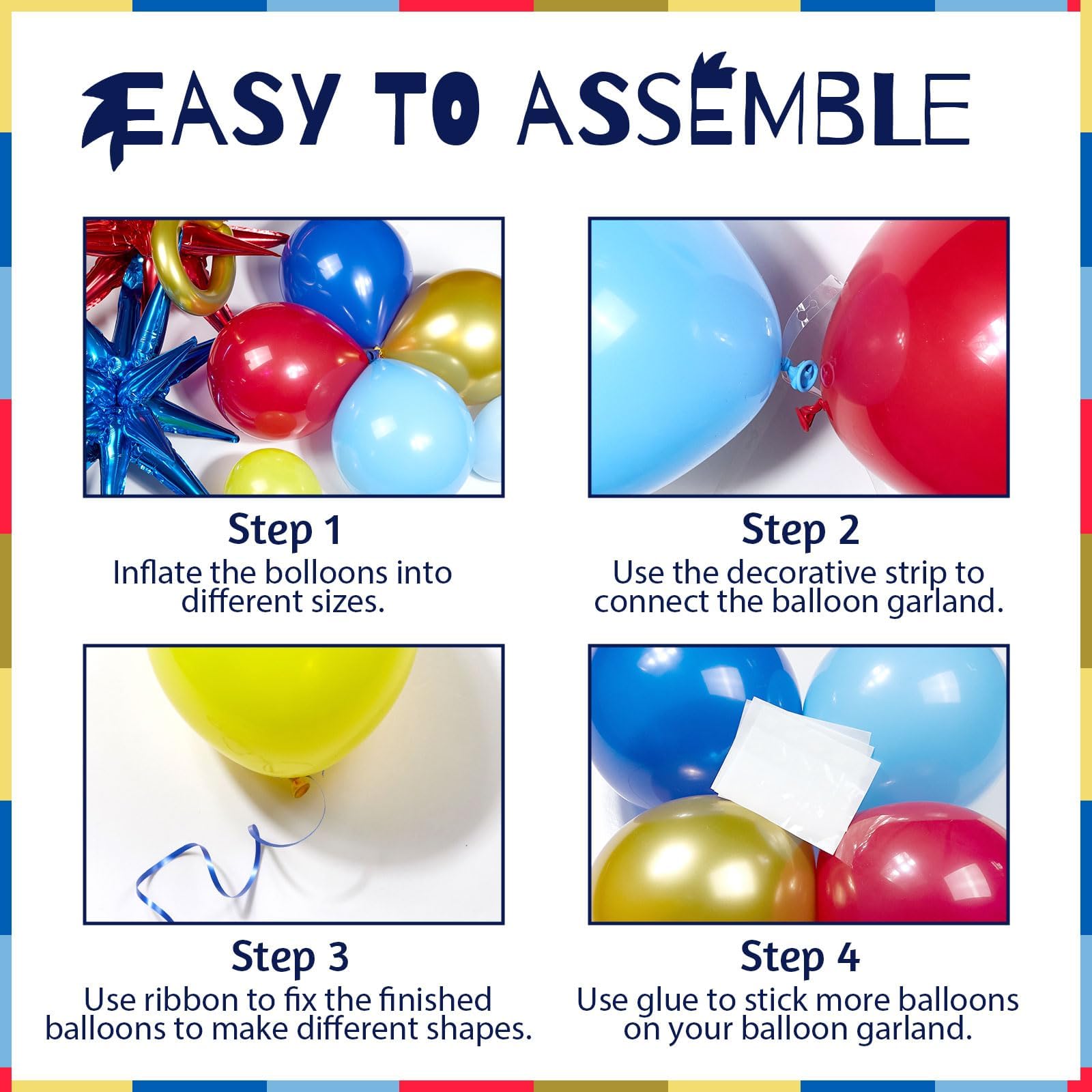 132pcs Red Blue Yellow Balloons Arch Garland Kit with Long Balloons