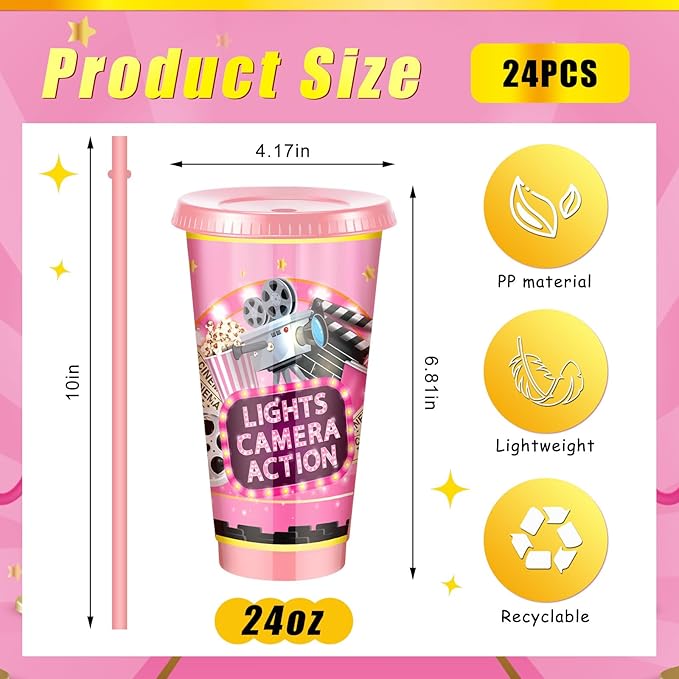 24pcs Movie Night Cups 24oz Reusable Christmas Cinema Tumbler with