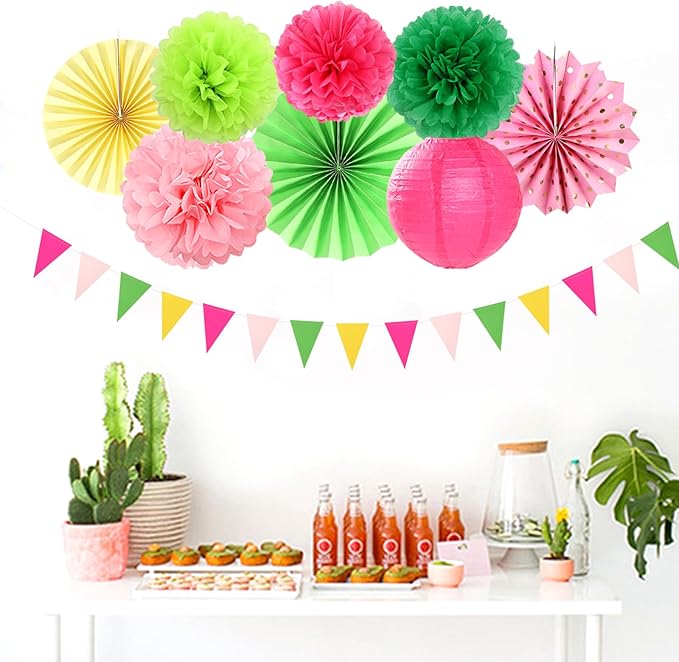 Hawaiian Pink Green Yellow Party Decorations 20pcs Aloha Paper