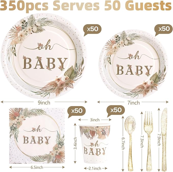 350 Pcs Boho Baby Shower Decorations for Girl, Baby Shower Plates and